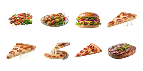 A variety of savory dishes including pizza slices, a burger, kebabs, and grilled steak isolated on white background