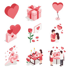 Isometric Valentine's Day icons: hearts, gifts, roses, couples, romantic dinner.
