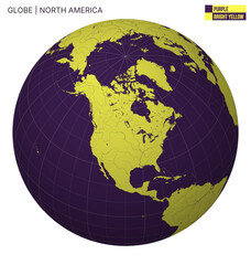 Vector Globe centered to North America. Purple Bright Yellow palette. World map with meridians, parallels, countries, rivers and lakes. Alive vector illustration.