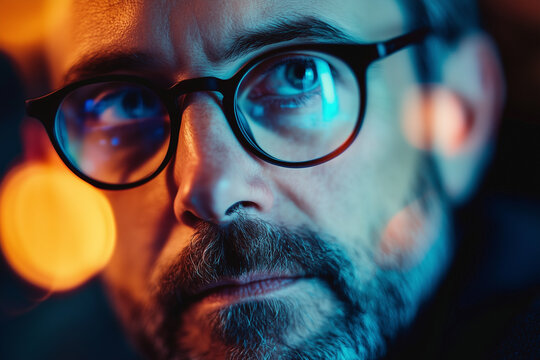 Man in glasses conducts online coding lesson while engaging students in a virtual classroom setting in the evening