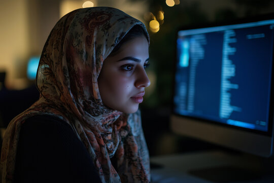Muslim software engineer engaged in a video call while working late at night in a cozy office environment
