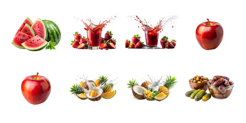 A colorful assortment of fruits and juices including watermelon, strawberries, apples, and tropical fruits isolated on white background