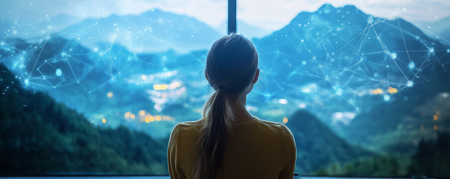 Woman analyzes social media performance analytics while enjoying a scenic mountain view during the evening hours