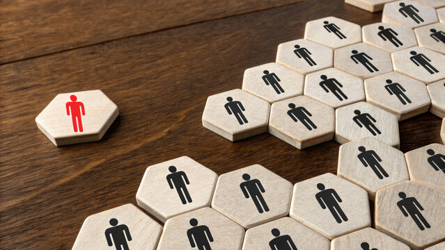 Economic crisis job loss,employment layoff concept. Isolated red figure hexagon, surrounded by black. worker unemployment,fired employee,corporate,recession,cut,termination,notice,downsizing,staff