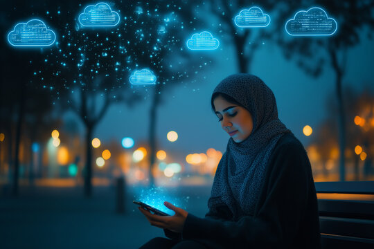 Woman in hijab configures cloud storage using smartphone at night in urban park with glowing cloud icons above