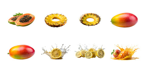 A colorful assortment of tropical fruits with water splashes including papaya, pineapple, mango, and lemon isolated on white background