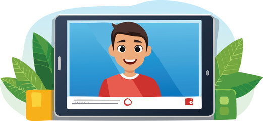 Friendly Tablet Character Filming a Vlog with a Big Smile