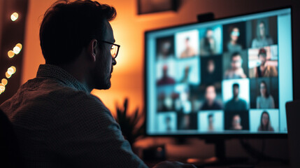 IT manager engages in a discussion about system scalability during a remote meeting with team members in various locations after hours