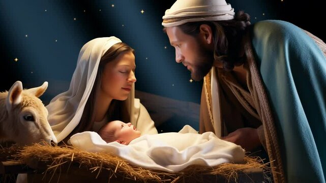 Maria and Joseph adore a baby Jesus Christ in a Christmas nativity scene at night, Christian light on the manger footage.