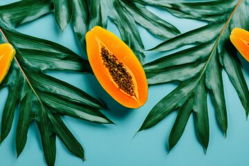 Orange papaya with palm leaves on blue background