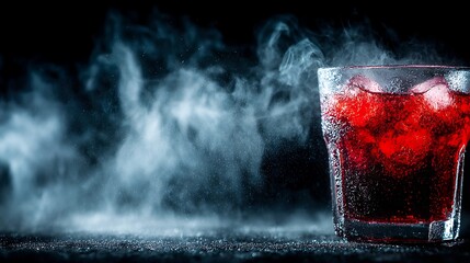 Steaming Red Drink in Smoky Darkness Close-up Detail.