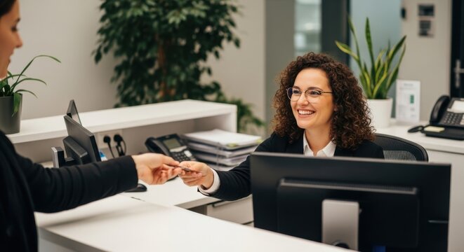 Smiling receptionist handing key card to customer at desk