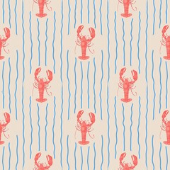 Seamless Lobster Pattern with Blue Waves 