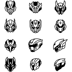 A high-contrast vector set of aggressive, angular mecha helmets with glowing orange visors