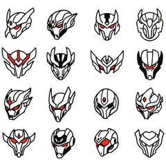 An assortment of cyborg and mecha head icons for creating detailed infographics about technology or sci-fi