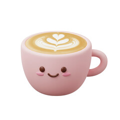 Cute pink coffee cup with latte art and happy face isolated on transparent background
