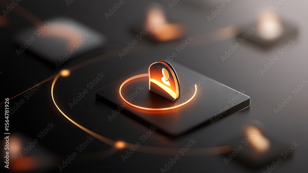 Wall mural orange user network glowing and pulsing, connecting with other icons in a dark, abstract icon visual