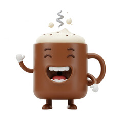 Happy cartoon coffee mug character waving hello with steaming hot beverage isolated on transparent background