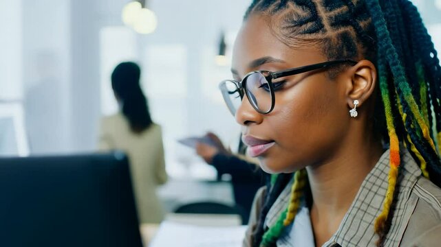 Young African American woman with multi colored dread locks in front of laptop monitor in office. A brief glimpse of her dedication unfolds as she types intently on her laptop.