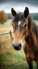 Obraz premium Close-up of a brown horse standing peacefully in a green pasture with wooden fence in a serene rural landscape