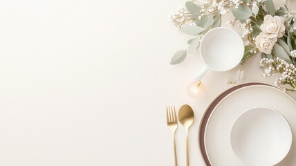 Elegant dining setup featuring golden utensils, white ceramic dinnerware, adorned with evoking and pristine blossoms, eucalyptus refined table decor