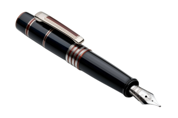 A traditional ink fountain pen with a silver nib, background isolated on a Transparent background, PNG file.