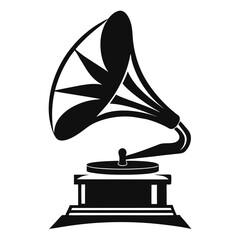 Black and white gramophone negative space sketch vector icon on white background.