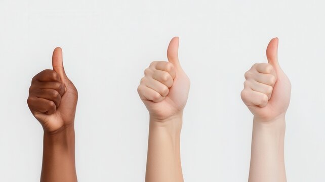 Multicultural coworkers smiling, raising thumbs up, standing together in professional backdrop against minimalist white unity