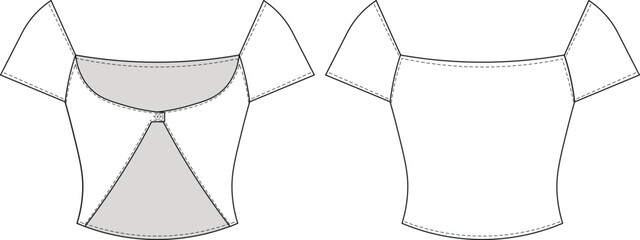 short sleeve cap sleeve u neck scoop neck buttoned low cut cutout crop cropped blouse top tshirt tee template technical drawing flat sketch cad mockup fashion woman design style model 
