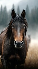 Obraz premium Majestic black horse gazes into the distance in a misty forest setting during early morning hours