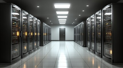 Naklejka premium Modern Data Center Interior: Server Racks Corridor and Futuristic Lighting.