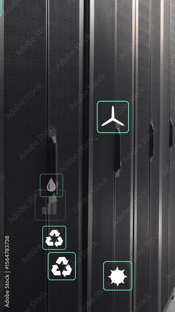 Poster animation of eco icons and data processing over computer servers
