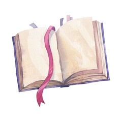 Open book with pink ribbon