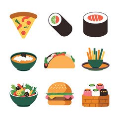 vector icons cooking food chef hat include a pizza slice, a sushi roll, spaghetti and meatballs, a curry bowl burger , fish 
