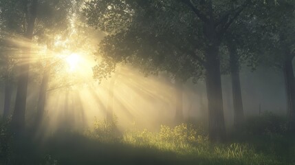 Sunrise in a foggy forest, with sunlight shining through the trees