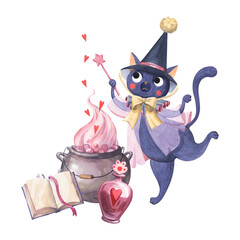 A composition of watercolor illustrations with a cat in a magic hat and with a magic wand