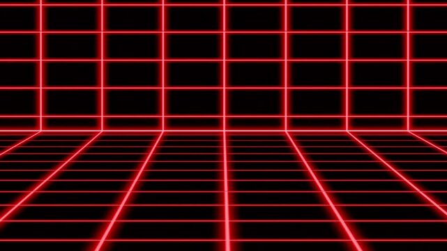 Abstract red grid lines animation of neon lights moving stream on center space black background