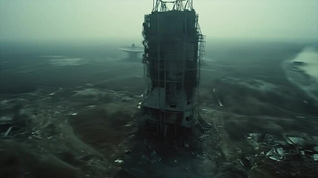Ruins of an abandoned base. Abandonment and desolation. Daylight diffused with fog. The gloomy atmosphere of the apocalypse