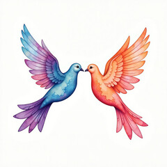 Fototapeta premium Colorful watercolor birds facing each other with vibrant wings in a harmonious embrace