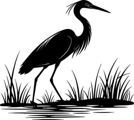 Fototapeta premium A minimalist black silhouette of a heron standing still in shallow water with long legs and beak.