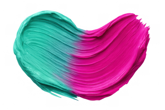 Watercolor brushstrokes forming heart silhouette in turquoise, pink, creating romantic graphic element with transparent overlay