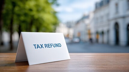 Tax education for students, A small white tent card with "TAX REFUND" printed on it sits on a wooden table outdoors with blurred buildings and trees in the background.