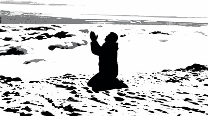 Silhouette of a person kneeling with hands raised in prayer on a snowy landscape under a cloudy sky
