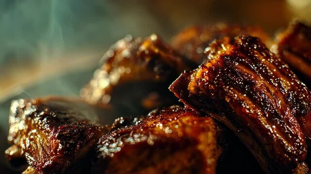 The camera focuses on the richly caramelized ribs glistening with a sticky glaze that clings to their surface. Steam curls upward creating a dreamlike atmosphere while the lowangle
