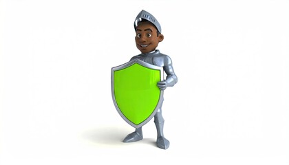 Cartoon Knight in Shining Armor Holding a Green Shield on Isolated White Background