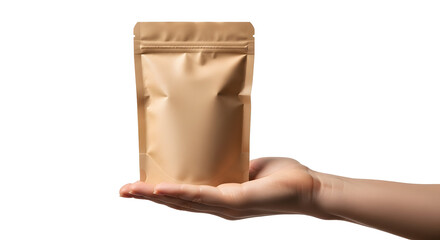 Blank Kraft Stand Up Pouch Held by Hand on Transparent Background Product Packaging Mockup Display