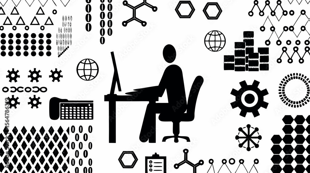 Fototapete illustration of a person sitting at a desk with a computer surrounded by various abstract shapes and