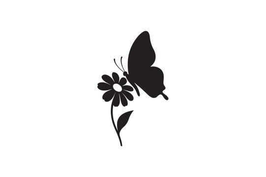 Butterfly Over Flower silhouette on white background.01