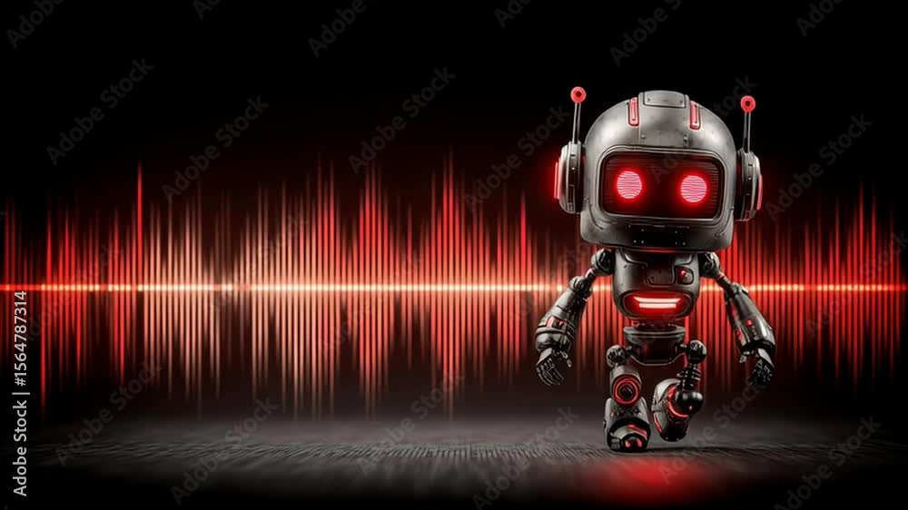 Poster dancing robot in front of a colorful sound wave representing the ai asset growth bot concept. dancin