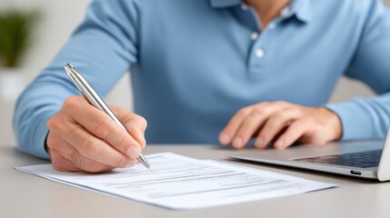 Tax education for students, A person in a blue shirt is signing a document with a pen while sitting at a desk with a laptop.